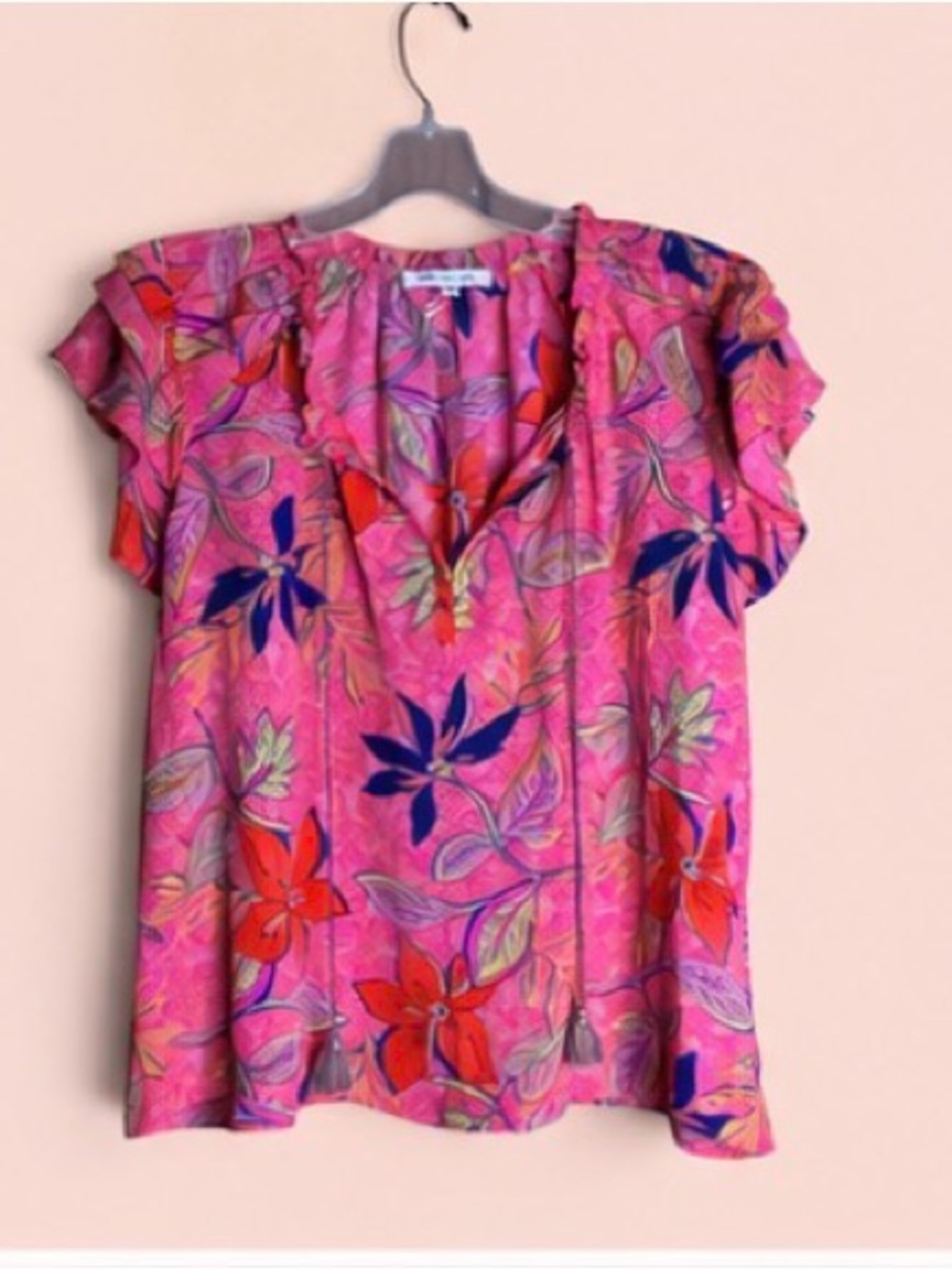 Rose + Olive L Pink Orange Tropical Floral Ruffle Flutter Sleeve Blouse